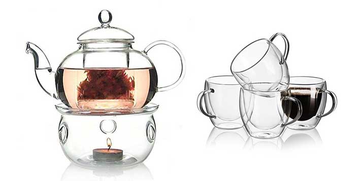 Glass teapot, warmer and glass teacups